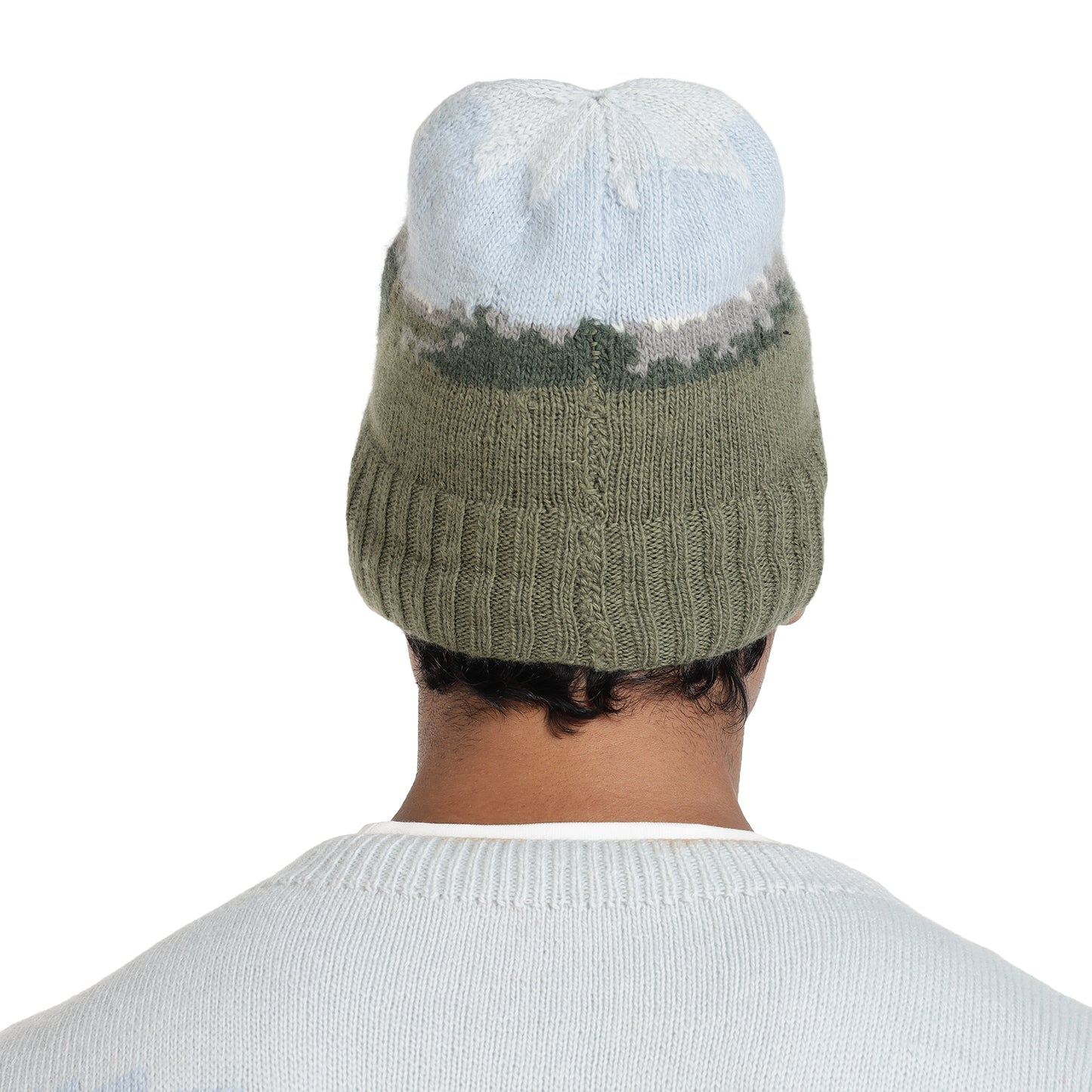 Hand knitted wool beanie postcard from kullu royal enfield collaboration back view