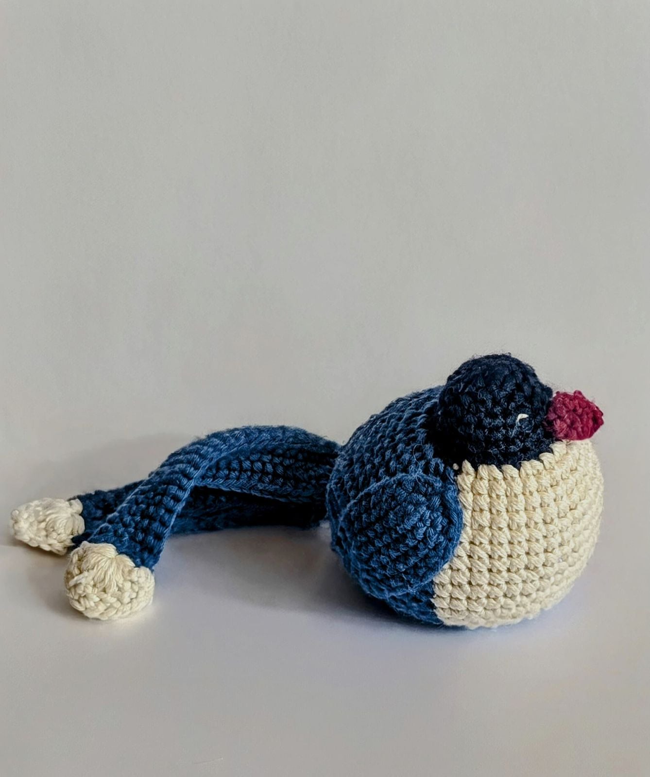 Handmade cotton magpie eco souvenir hand crocheted sustainable bird toy colour blue