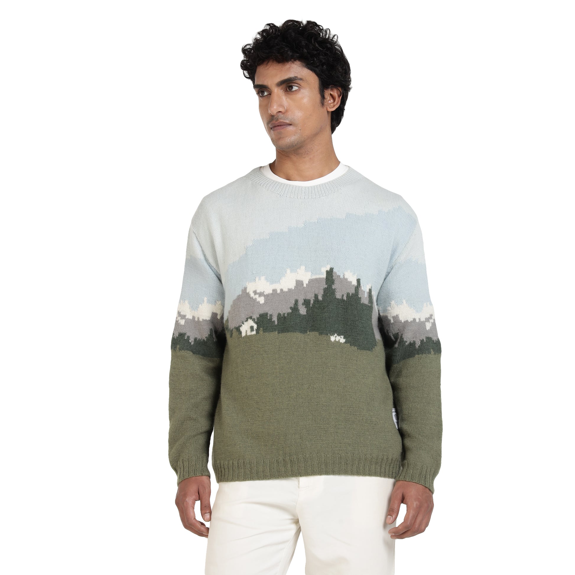 Handmade wool sweater postcard from Kullu artisan winter wear front view