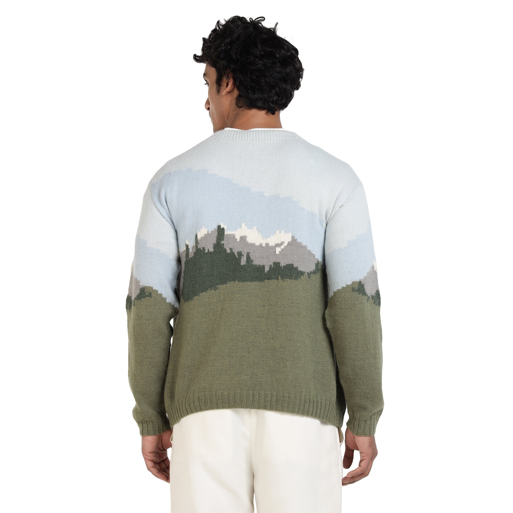 Handmade wool sweater postcard from kullu artisan winter wear back close up
