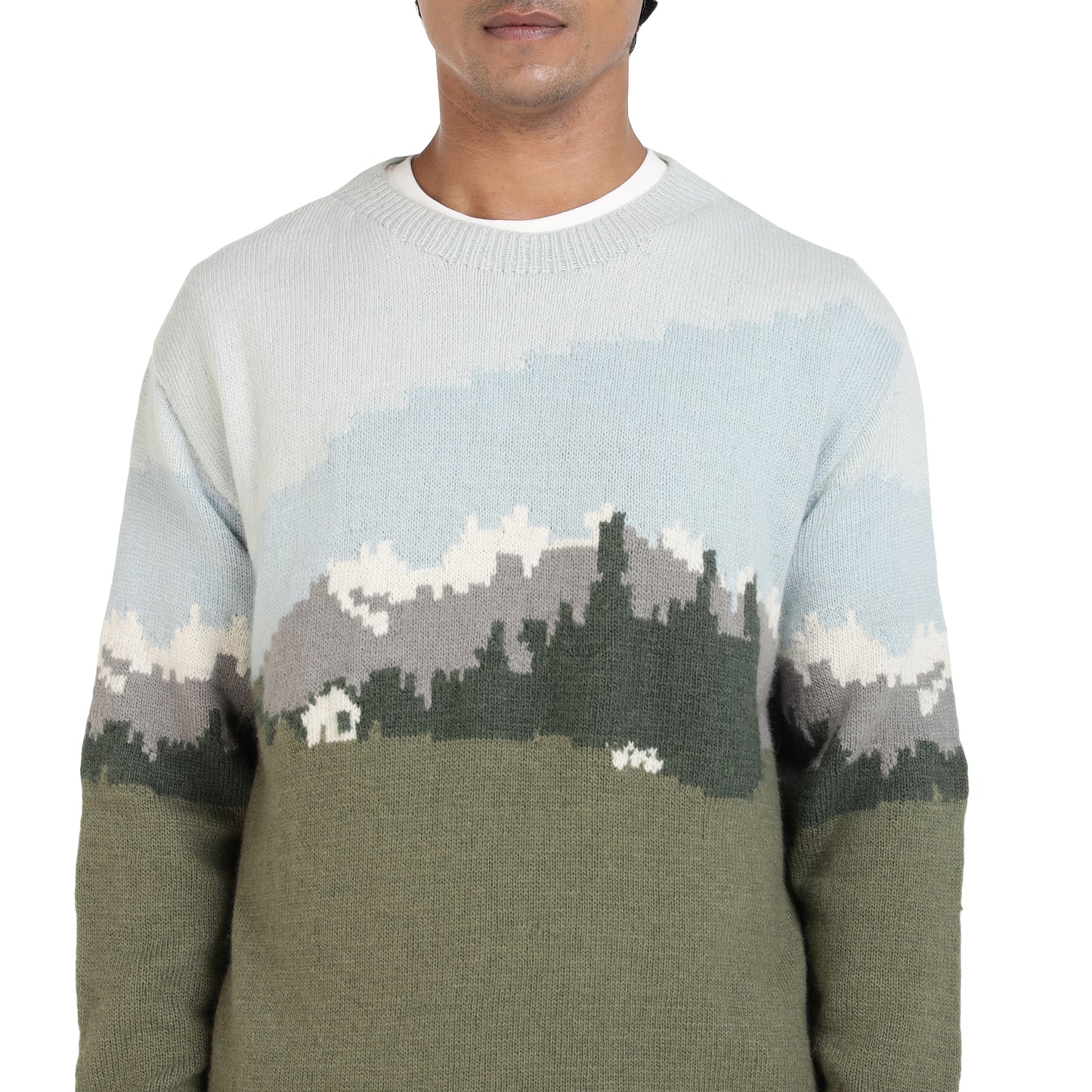 Handmade wool sweater postcard from kullu artisan winter wear front close up