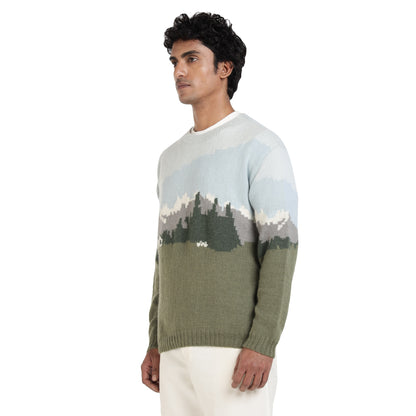 Handmade wool sweater postcard from kullu artisan winter wearn side view

