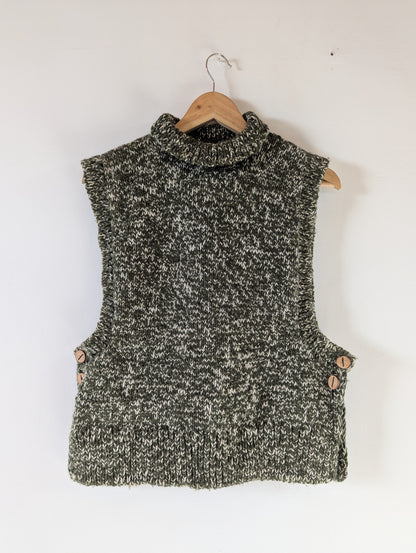High neck handloom wool knit vest for men and women in forest green front view