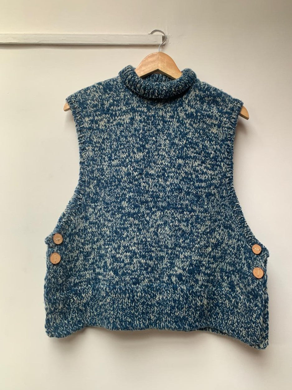 High neck handloom wool knit vest for men and women in steel blue front view