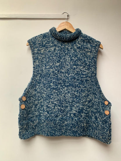 High neck handloom wool knit vest for men and women in steel blue front view