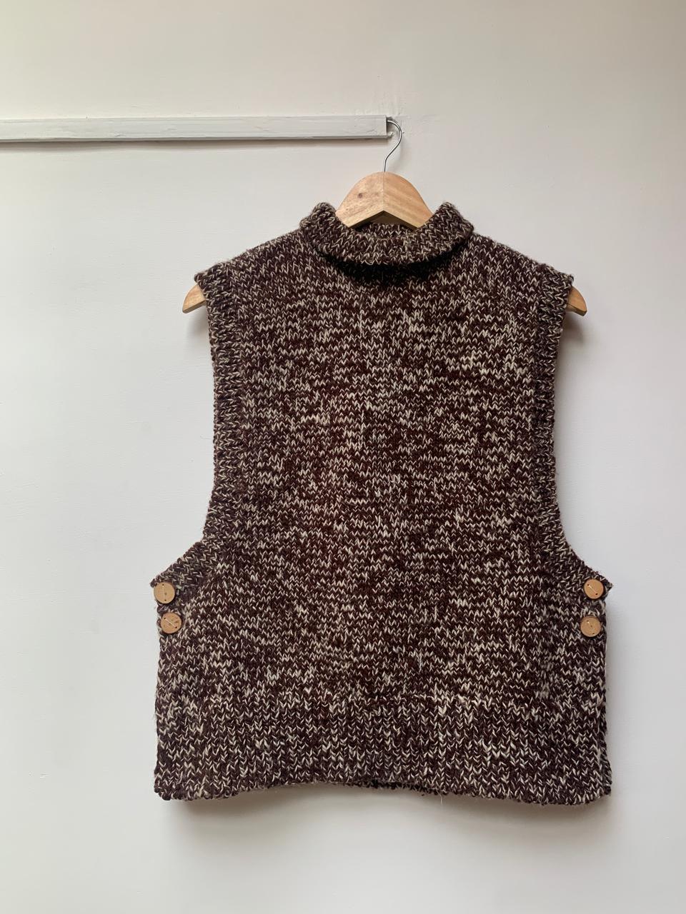 High neck handloom wool knit vest for men and women in walnut brown front view