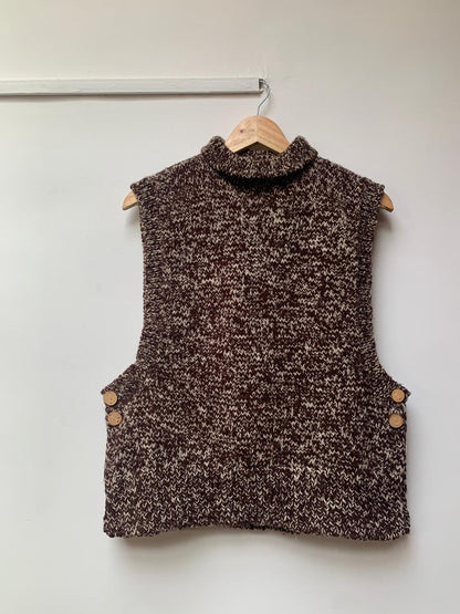 High neck handloom wool knit vest for men and women in walnut brown front view