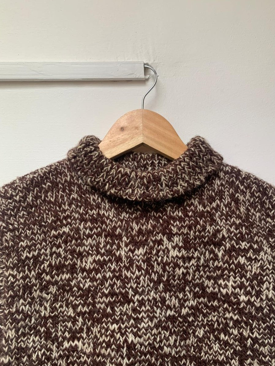 High neck handloom wool knit vest for men and women in walnut brown upper view