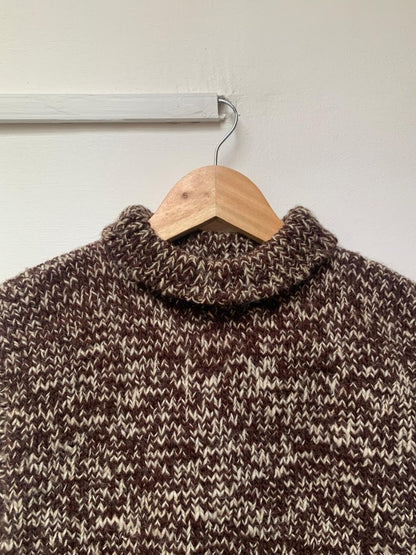 High neck handloom wool knit vest for men and women in walnut brown upper view