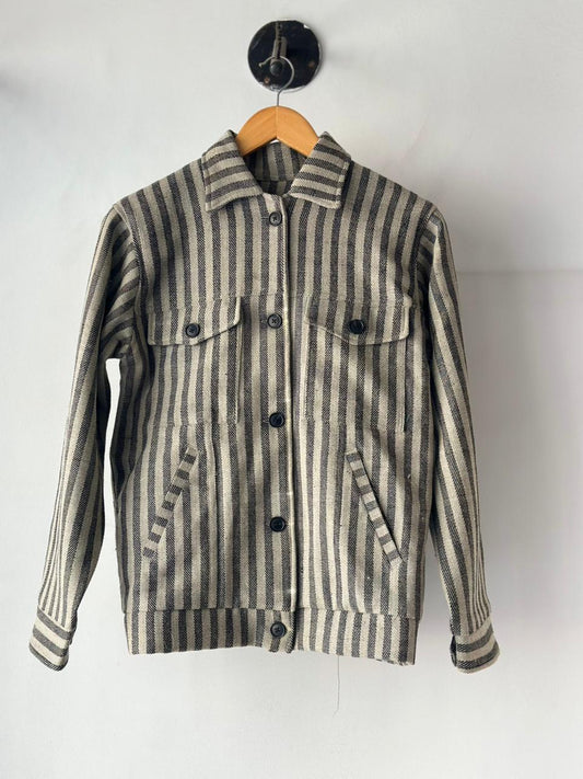 McLeod handloom wool jacket for women with striped Himalayan weave front view