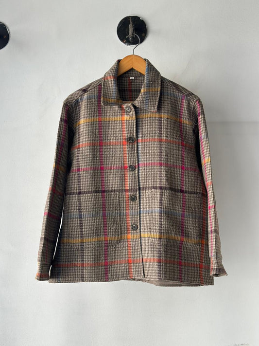 Shimla handloom wool jacket for women in heritage plaid pattern front view @woolknitters