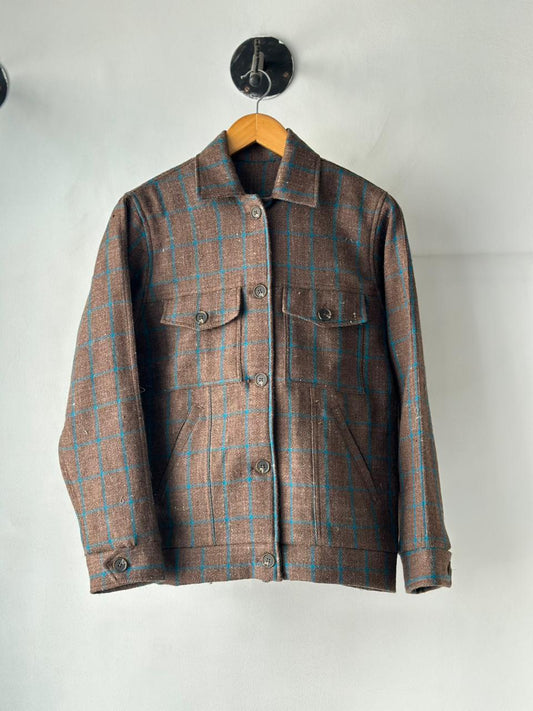 Women’s handloom wool bomber jacket front view Himalayan winter wear