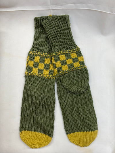 hand knitted cotton socks with braided check pattern in green and mustard.