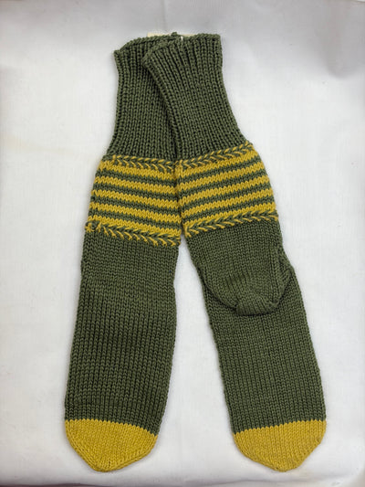 hand knitted cotton socks with braided stripe pattern in green and mustard