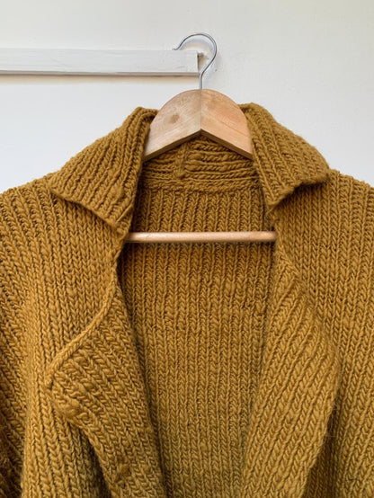 handloom wool knit cardigan mustard colour front close view