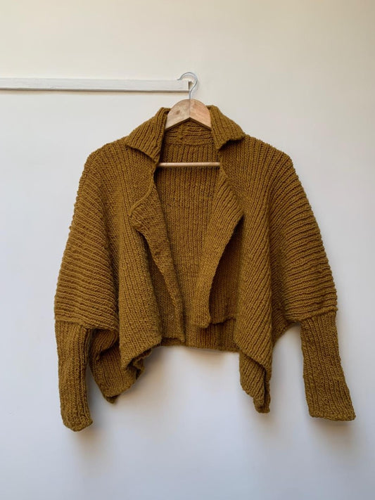 handloom wool knit cardigan mustard colour front view