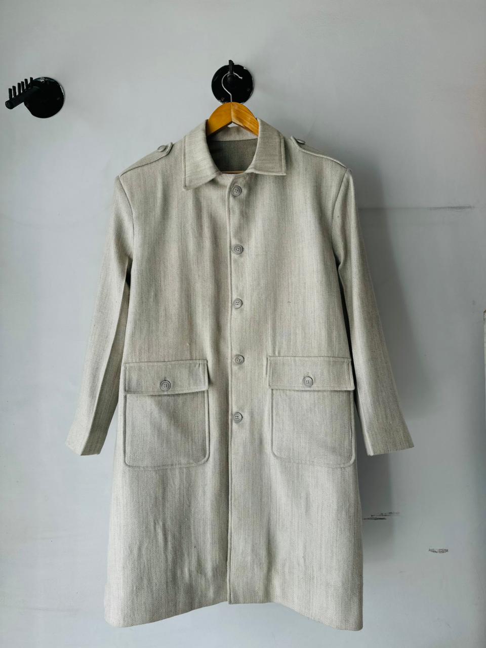 kaza handloom wool overcoat front view white @woolknitters